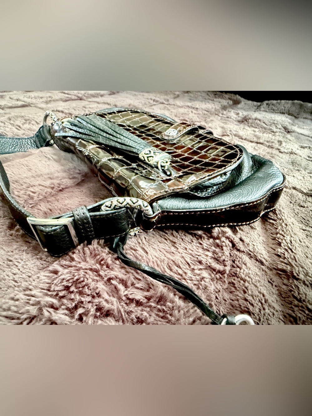 Brighton Glossy Croc-Embossed Brown Crossbody Bag with Tassel - Picture 5 of 8